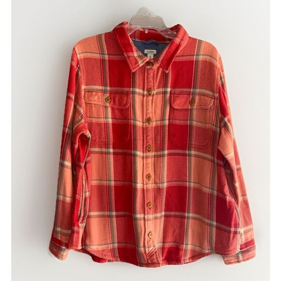 LL Bean Womens 1912 Overshirt Plaid Shacket Heavy Shirt Jacket Coral XL Petite - Picture 3 of 16